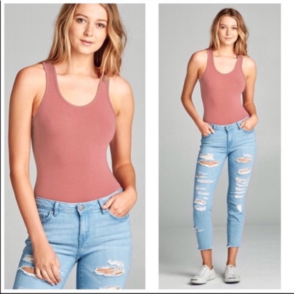 Dusty pink stretch racerback tank bodysuit C16 - Picture 4 of 7